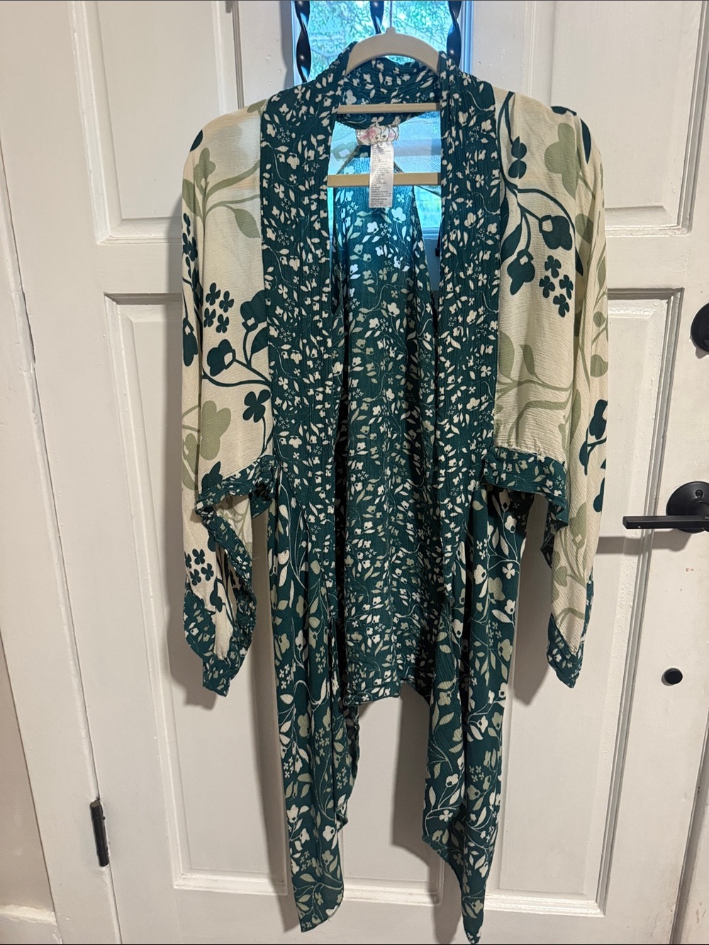 Free People Green and Cream Floral Kimono Cardigan